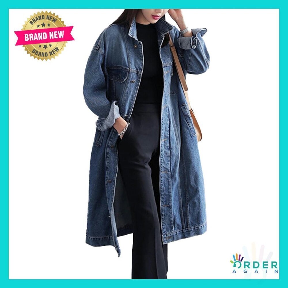 Classic Denim Trench Coat Oversized Loose Fit Long Sleeve Button Down Y2K